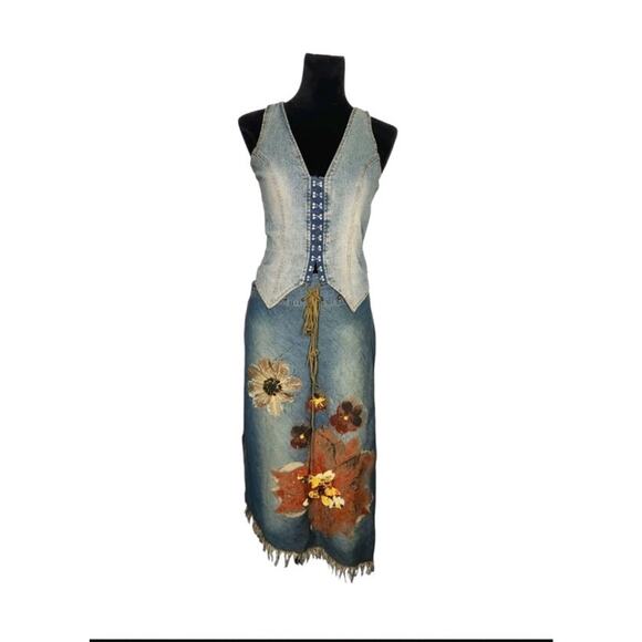 Fang Y2K Denim Hand Painted Beaded Midi Assymetrical Skirt & Vest Set Womens M/L